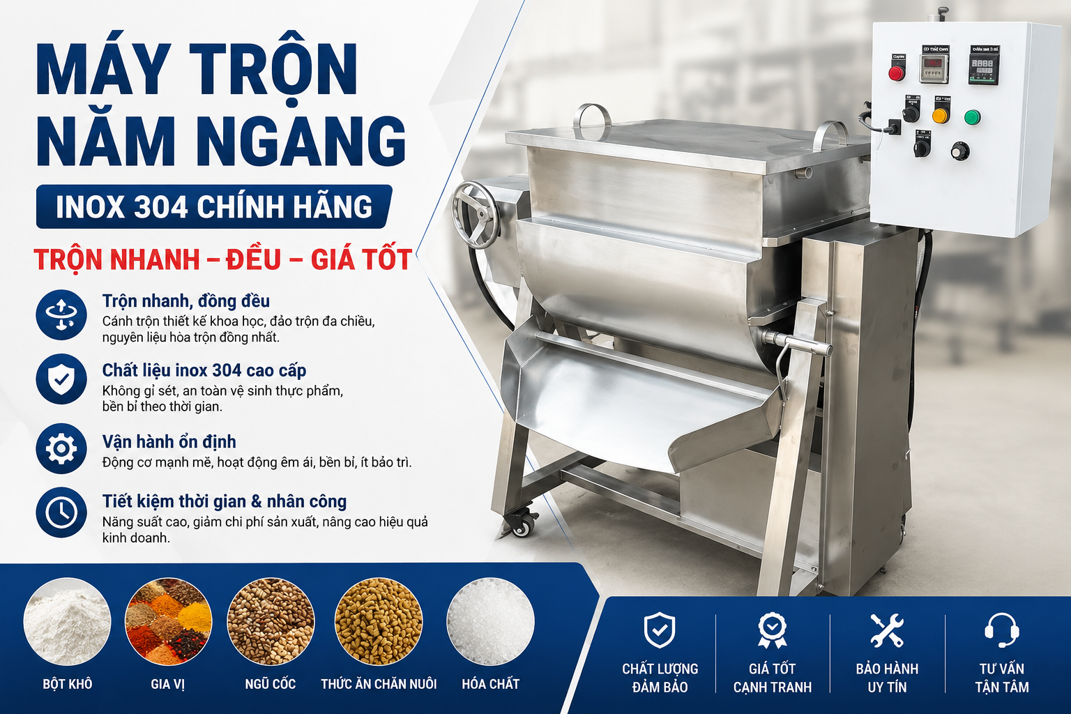 Máy trộn nằm ngang inox 304