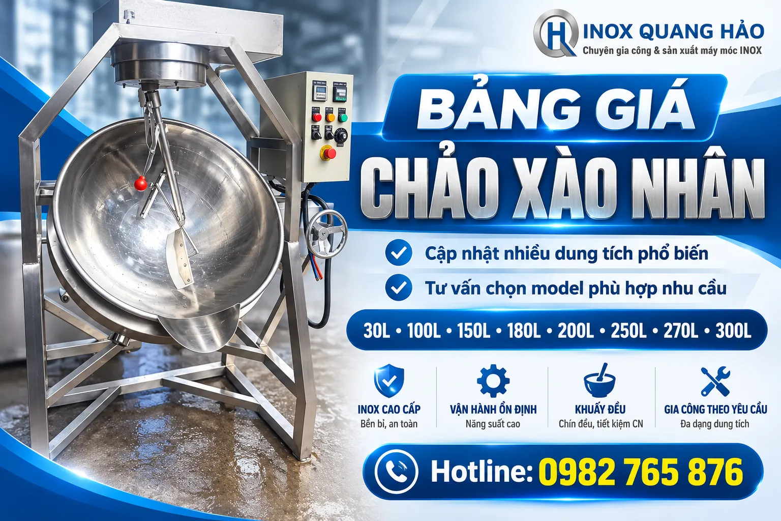 Bảng Giá Chảo Xào Nhân 30–300 Lít Inox Quang Hảo